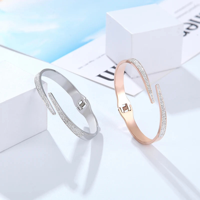 Bracelet Manchette Luxe Zircon – Acier Inoxydable Serti Pavé, Style Géométrique, Pour Femme