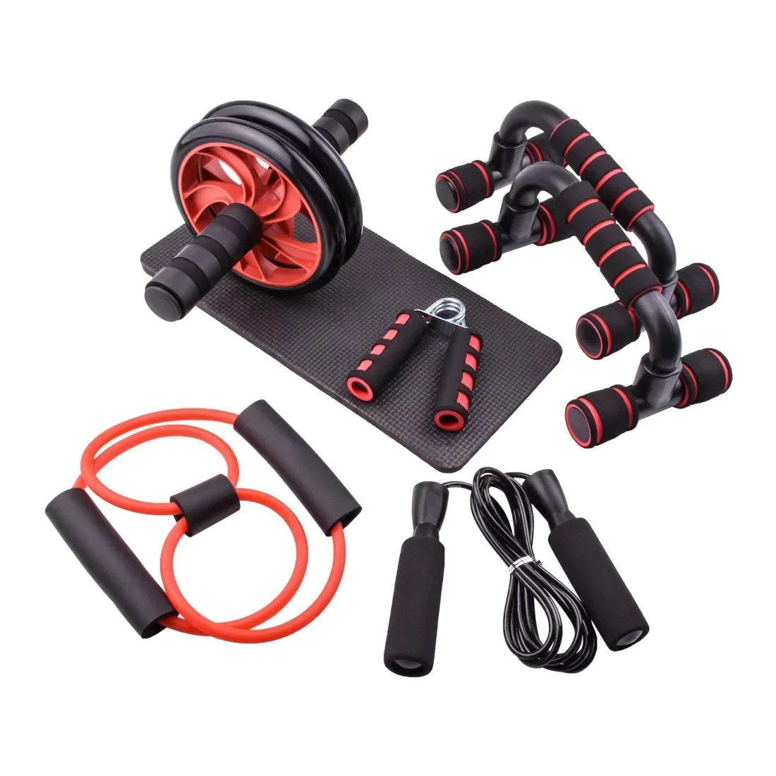 Ensemble Gym – Roue Abdominale, Barres de Pompes, Corde à Sauter & Accessoires
