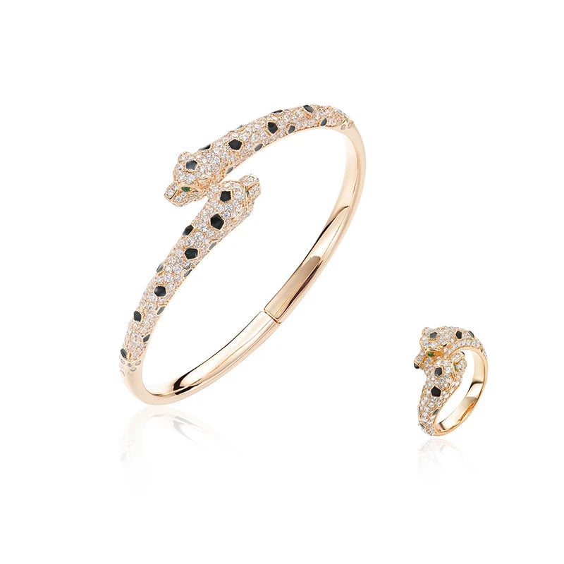 Leopard Head Bracelet & Ring – Gold-Plated Zircon Brass, Luxury Style for Women