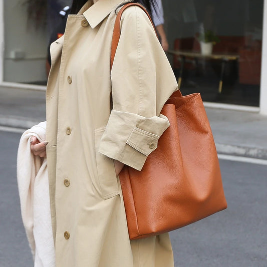 Sac cabas en cuir de vache pleine fleur pour femme - Sac seau luxe grande capacité