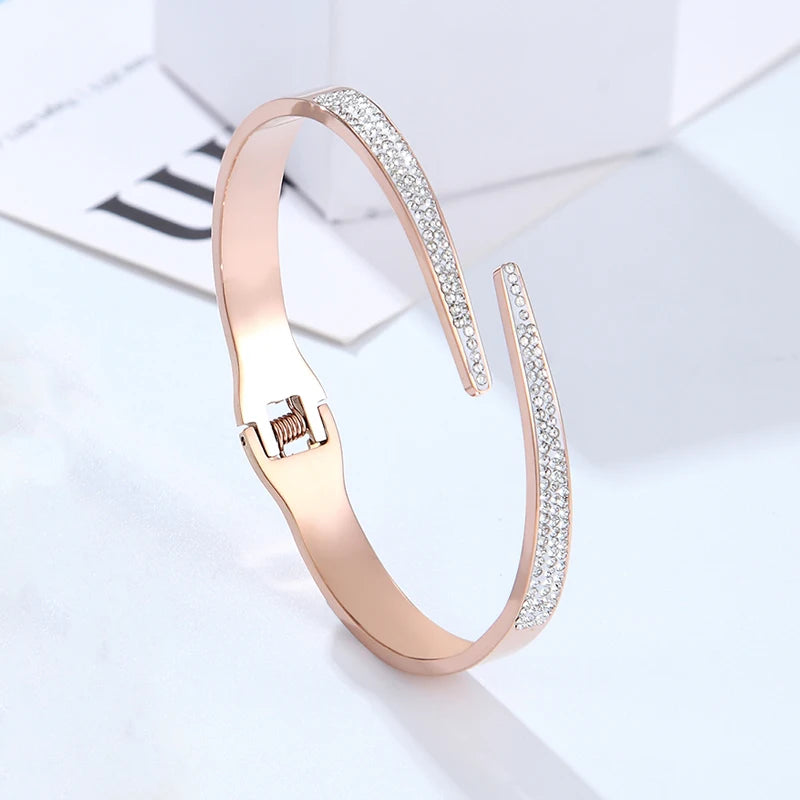 Bracelet Manchette Luxe Zircon – Acier Inoxydable Serti Pavé, Style Géométrique, Pour Femme