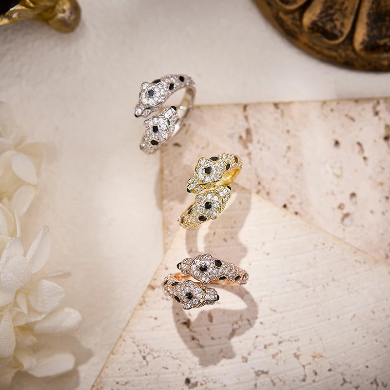 Leopard Head Bracelet & Ring – Gold-Plated Zircon Brass, Luxury Style for Women
