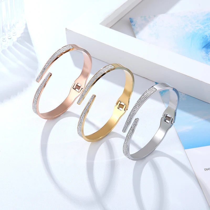 Bracelet Manchette Luxe Zircon – Acier Inoxydable Serti Pavé, Style Géométrique, Pour Femme
