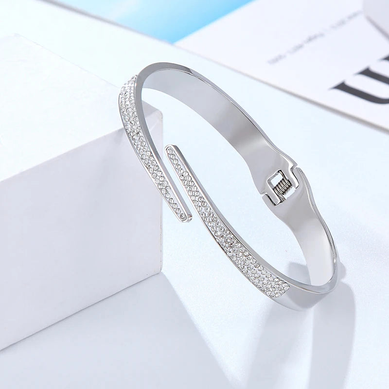 Bracelet Manchette Luxe Zircon – Acier Inoxydable Serti Pavé, Style Géométrique, Pour Femme