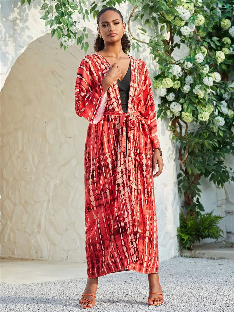 Women's Tie-Dye Long Kimono Cover-Up – Open Front, Rayon, One Size, Beach Style