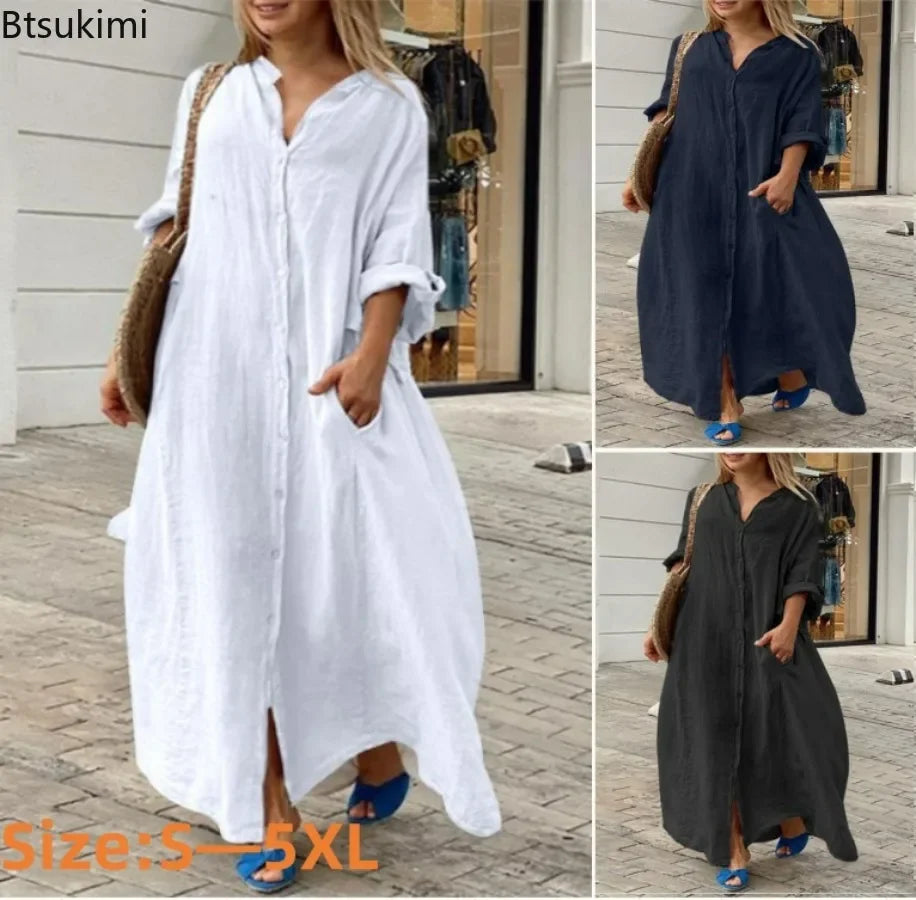 Robe Longue Femme – Coton Lin, Col Rabattu, Manches 3/4, Coupe Ample Oversize, Poches