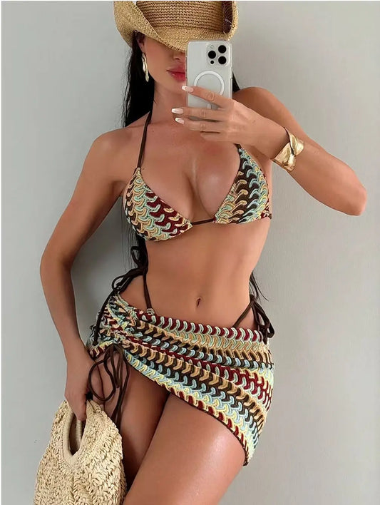 Ensemble Bikini 3 Pièces Rayé – Haut Col Licou à Nouer, Bas Échancré & Jupe Paréo, Style Plage Été
