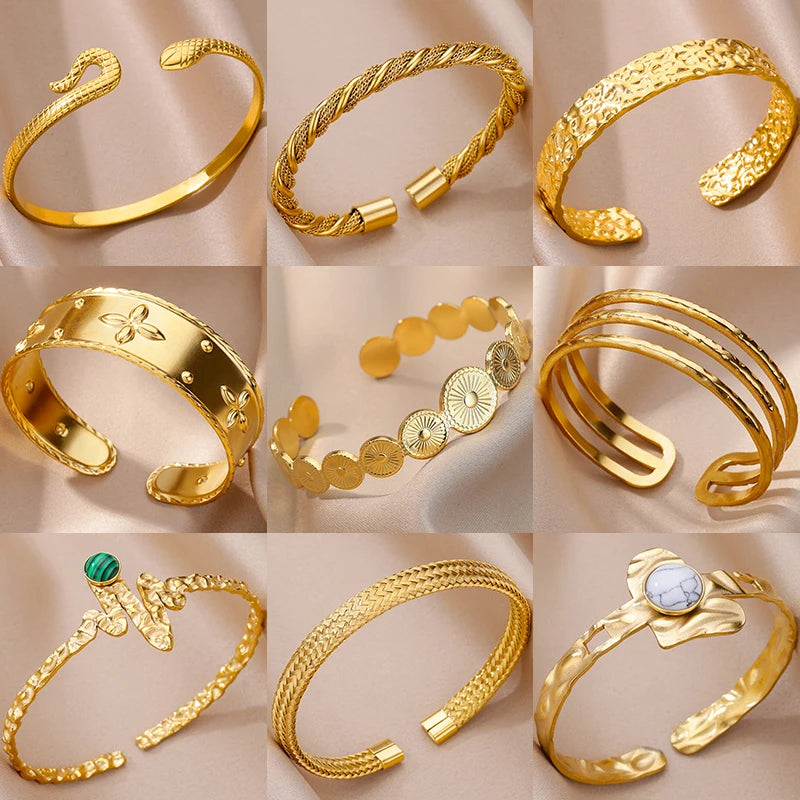 Bracelet Manchette Luxe Doré – Acier Inoxydable, Multicolore, Mariage & Saint-Valentin, Pour Femme