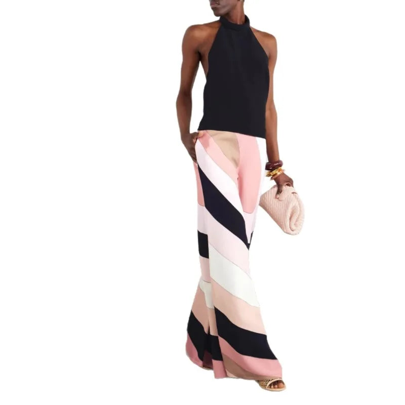 Combinaison Femme – Imprimée, Col Licou, Dos Nu, Jambes Larges, Style Plage & Soirée