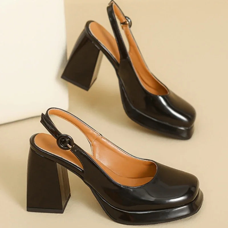 Escarpins Slingback Cuir PU avec Plateforme – Talon Carré, Style Soirée & Mariage