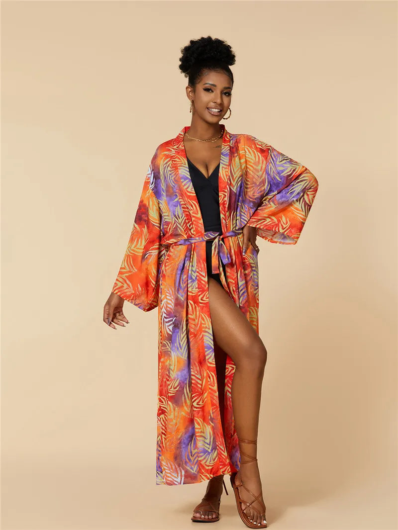Cache-Maillot Robe Plage Kaftan – Manches Longues, Taille Unique, Style Bohème Été