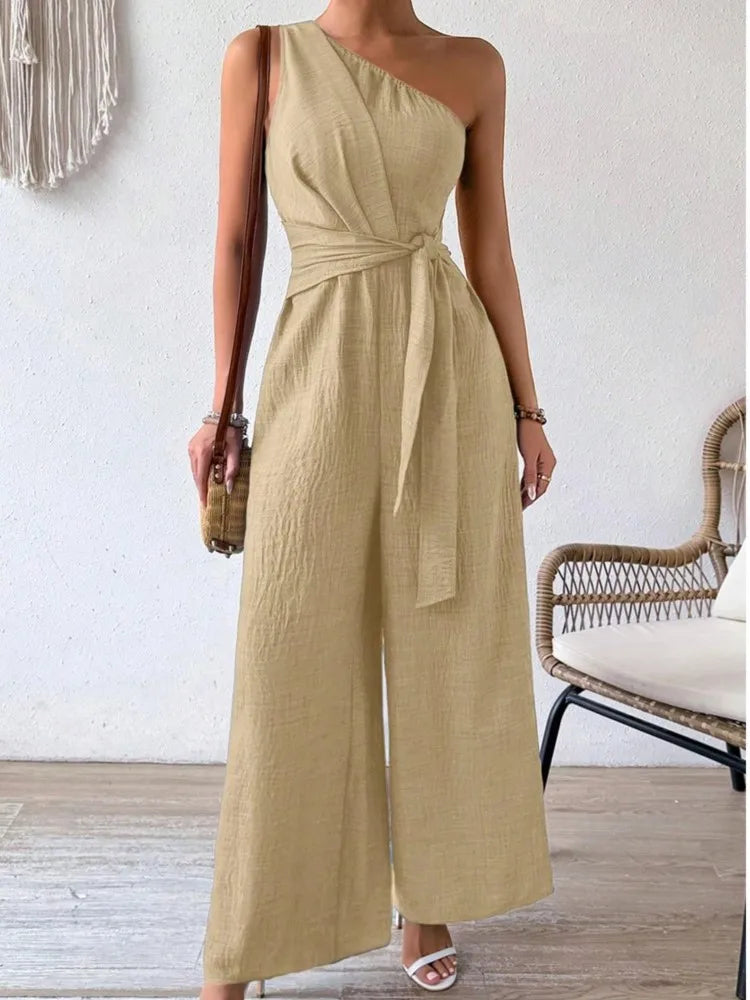 Combinaison Femme – Sans Manches, Col Asymétrique, Laçage, Jambes Larges, Taille Haute