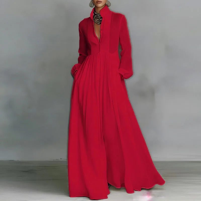 Robe Maxi Femme – Col Rond, Manches Lanterne, Taille Empire, Poches, Plissée | Style Élégant