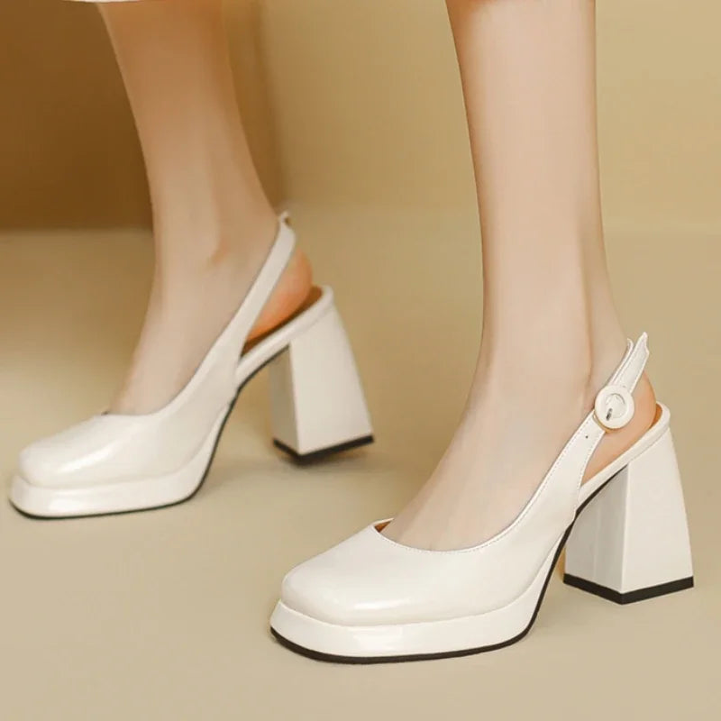 Escarpins Slingback Cuir PU avec Plateforme – Talon Carré, Style Soirée & Mariage