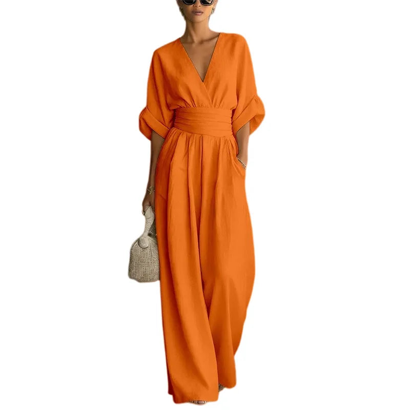 Women's Jumpsuit – V-Neck, High Waist, Wide Leg, Pockets | Elegant Loose Fit