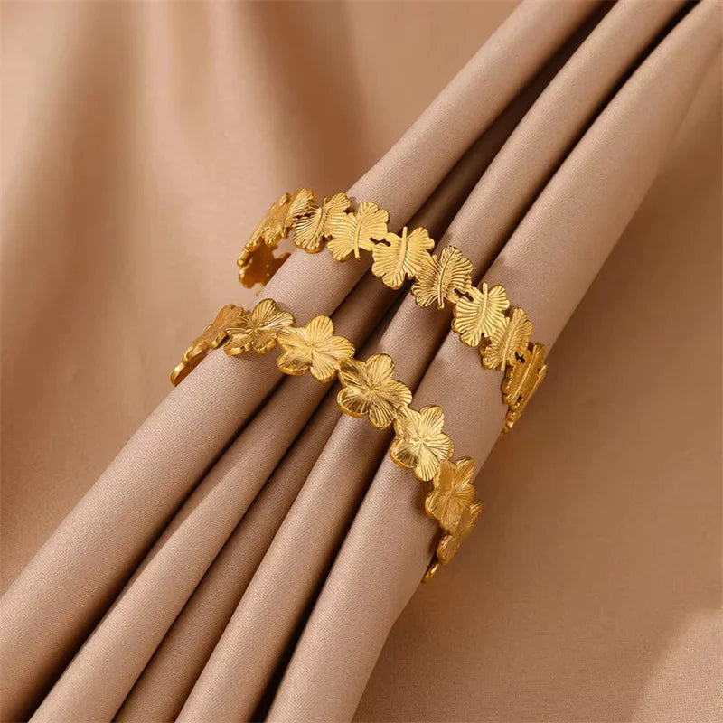 Vintage Floral Cuff Bracelet – Gold Stainless Steel, Botanical Pattern, Aesthetic, For Women