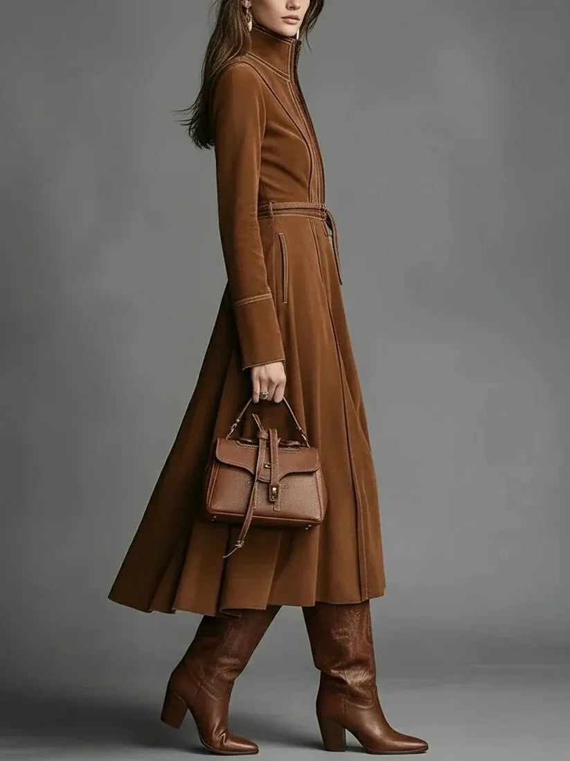 Robe midi en effet suédé, zippée et ceinturée