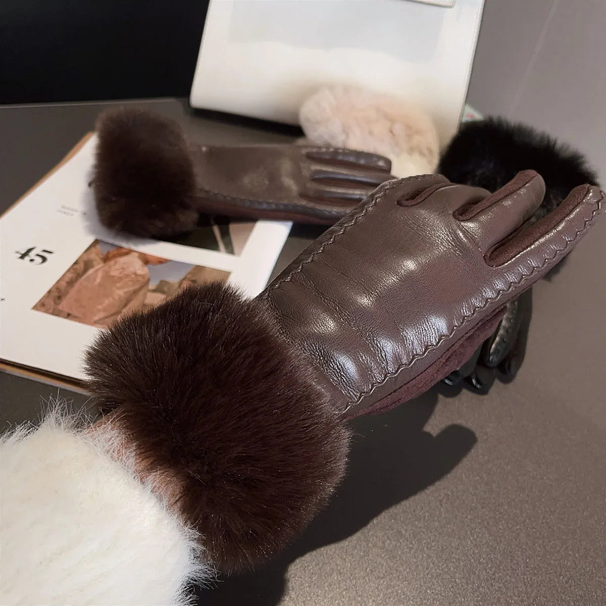 Faux leather gloves with faux fur trim