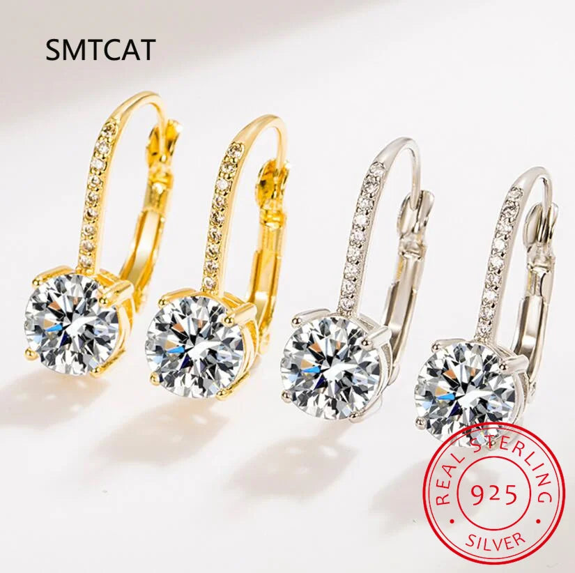 Boucles d'Oreilles Pendantes Argent 925 – Zircon Cubique & Cristal, Plaqué Or 14K, Fermoir Levier