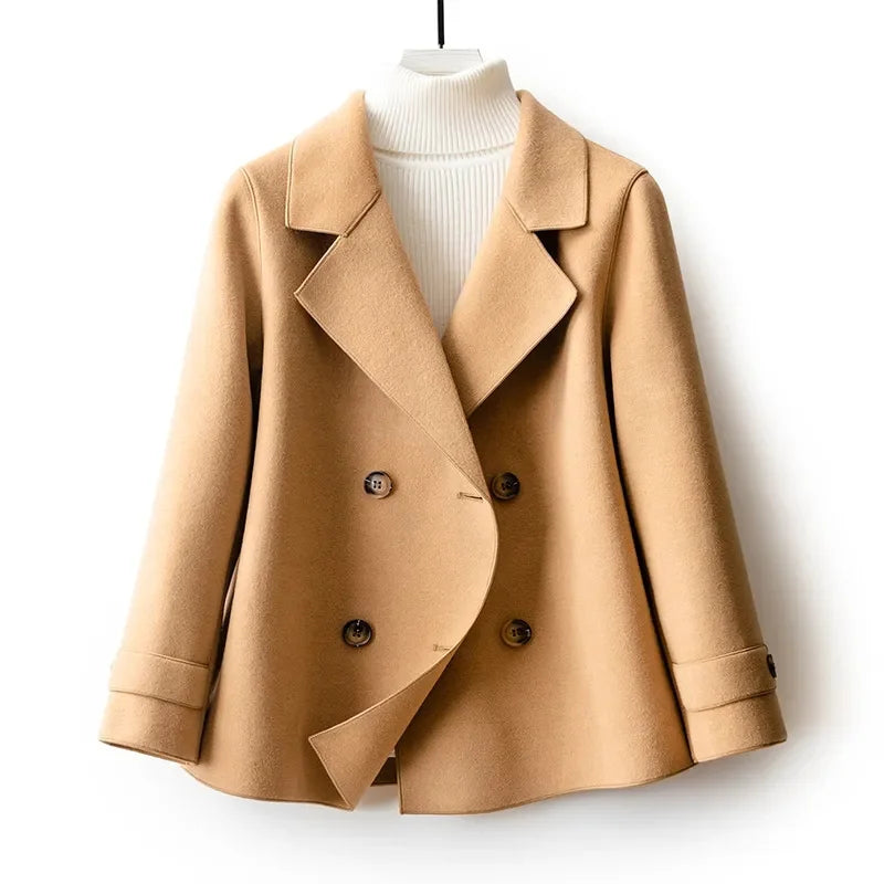 Manteau Court en Laine à Double Boutonnage et Col Tailleur