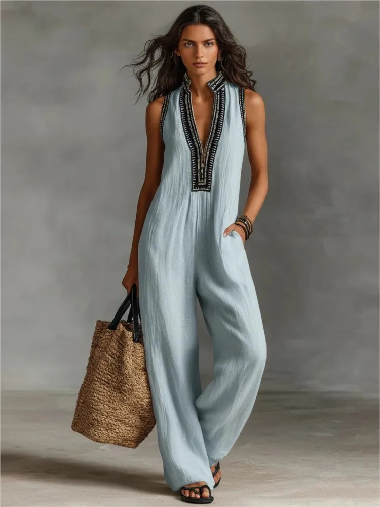 Combinaison Femme – Sans Manches, Col Montant, Coupe Ample, Poches, Jambes Larges | Style Casual Boheme