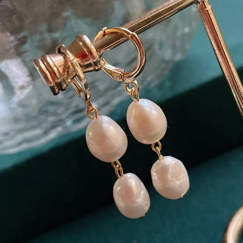 Boucles d'Oreilles Pendantes Perle Baroque Naturelle – Acier Inoxydable Plaqué Or, Longues Franges, Style Coréen