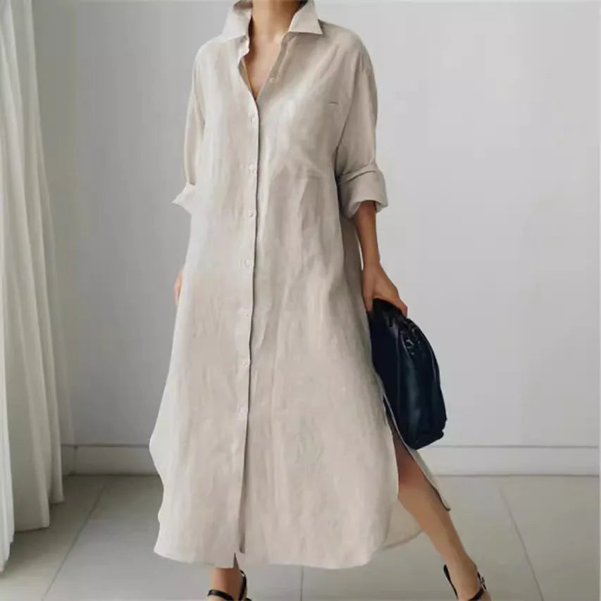 Robe Chemise Femme – Col Rabattu, Manches Longues, Mélange Coton, Coupe Ample | Style Bureau