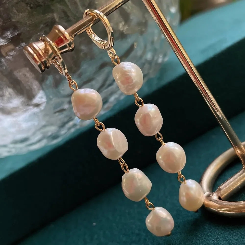 Boucles d'Oreilles Pendantes Perle Baroque Naturelle – Acier Inoxydable Plaqué Or, Longues Franges, Style Coréen