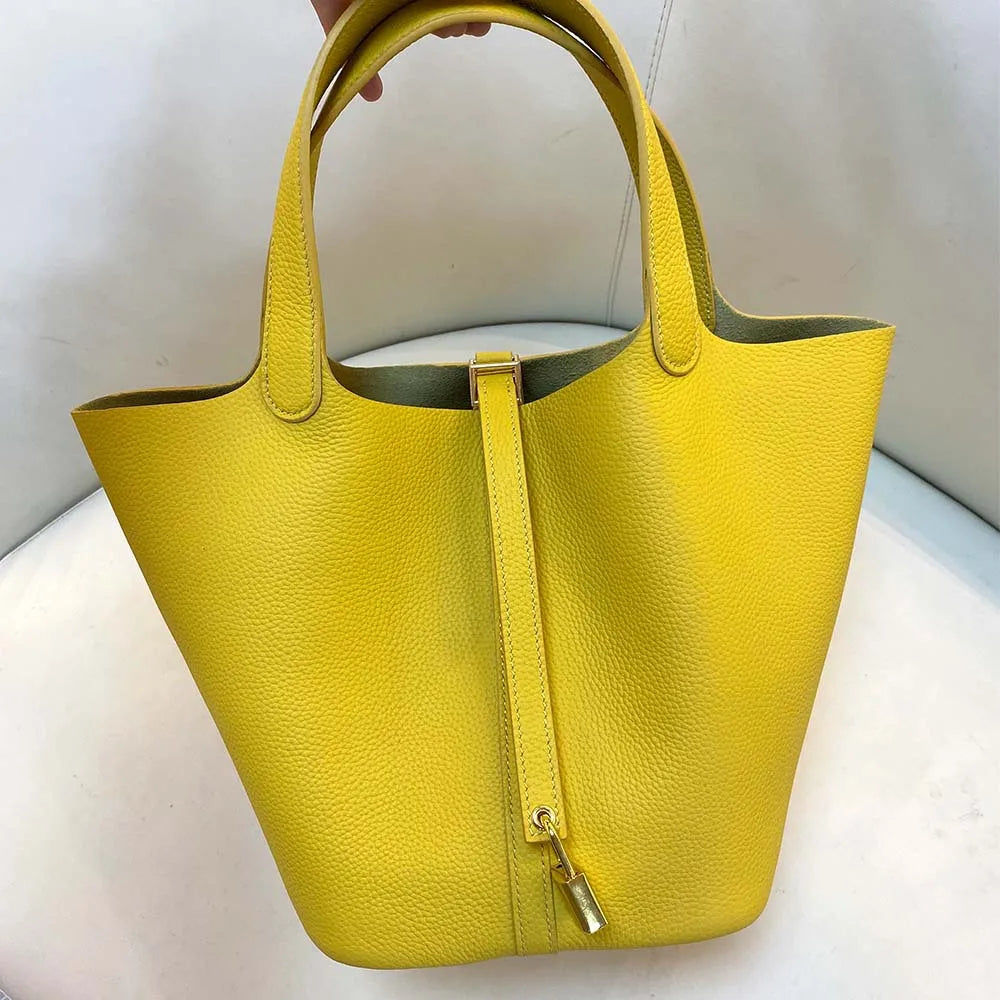 Gold genuine leather bucket bag for women - Large luxury designer tote