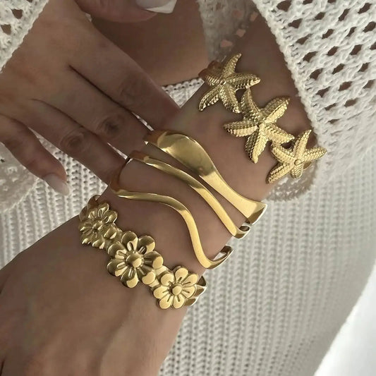 Bracelet Manchette Boho Étoile de Mer – Acier Inoxydable Doré, Motif Océan, Plage & Fête, Pour Femme