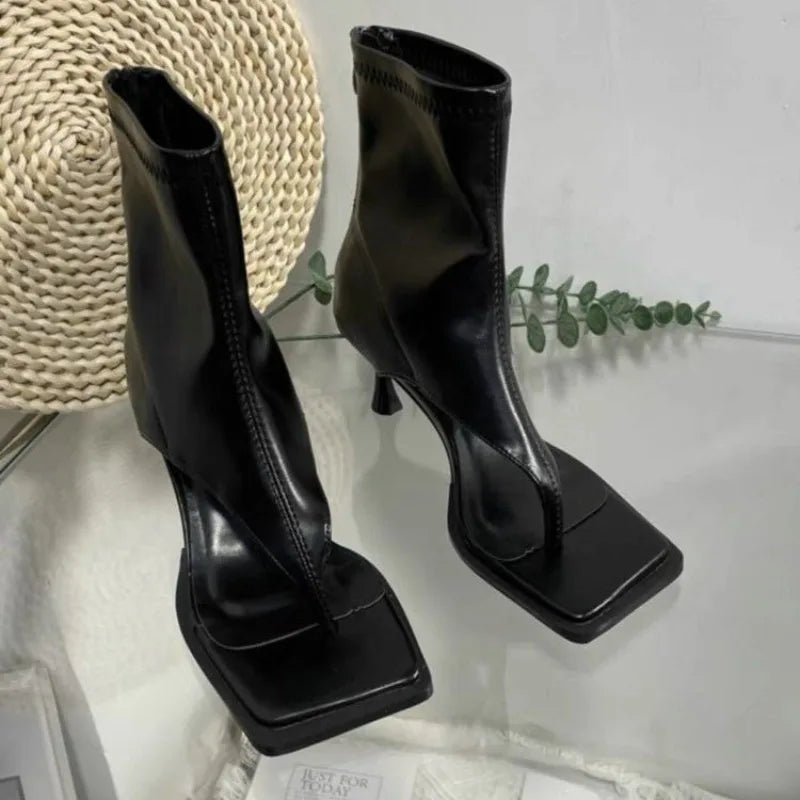Bottines à Talons Aiguilles  en Cuir PU avec Fermeture Éclair - Bout Carré Élégant