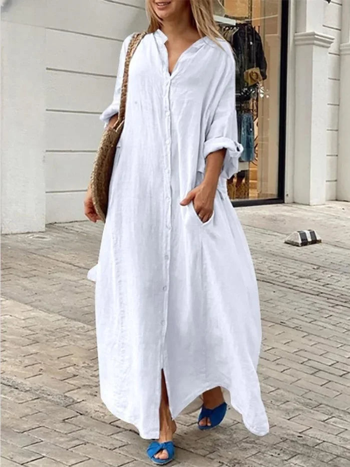 Robe Longue Femme – Coton Lin, Col Rabattu, Manches 3/4, Coupe Ample Oversize, Poches