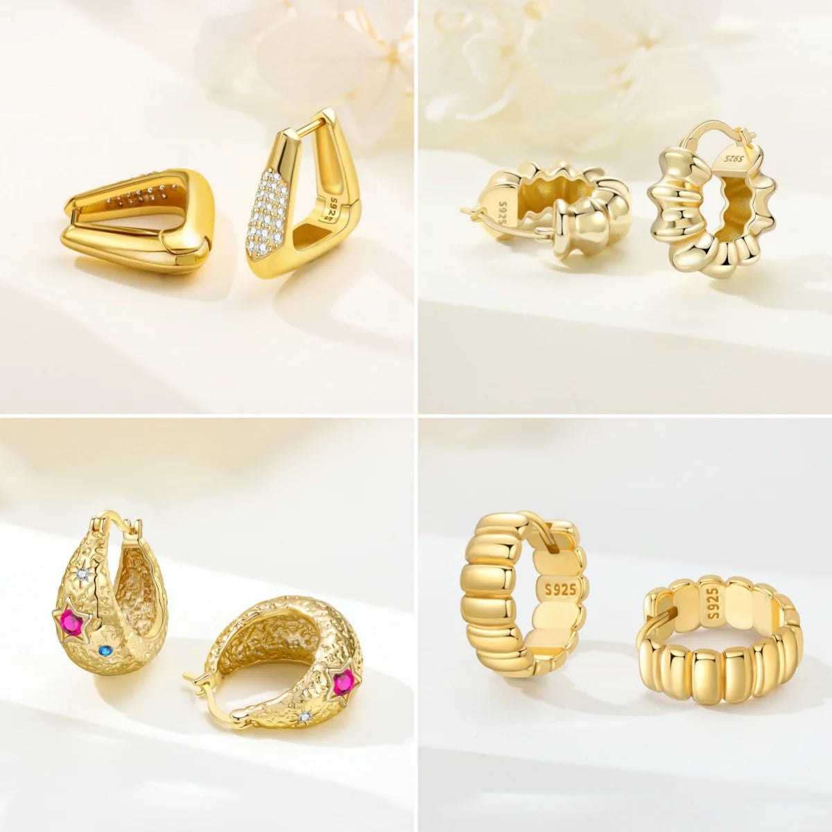 18K Gold Plated 925 Sterling Silver Hoop Earrings – Zircon, Multiple Styles
