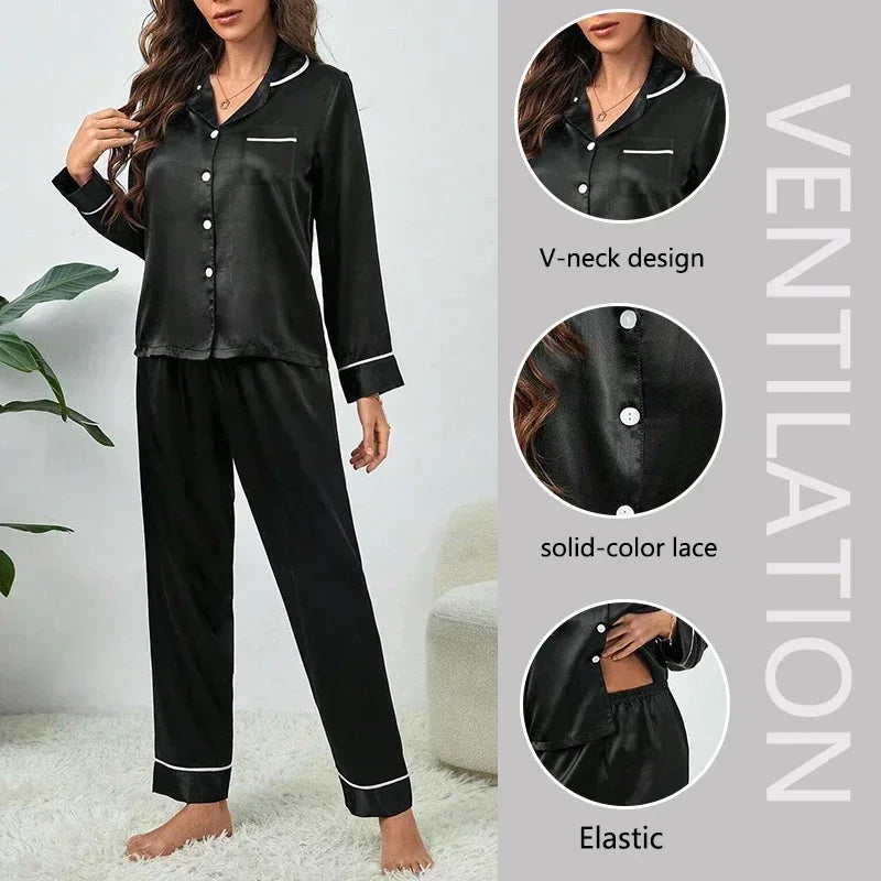 Ensemble Pyjama Long Femme – Haut Col V Manches, Tissu Satiné Doux