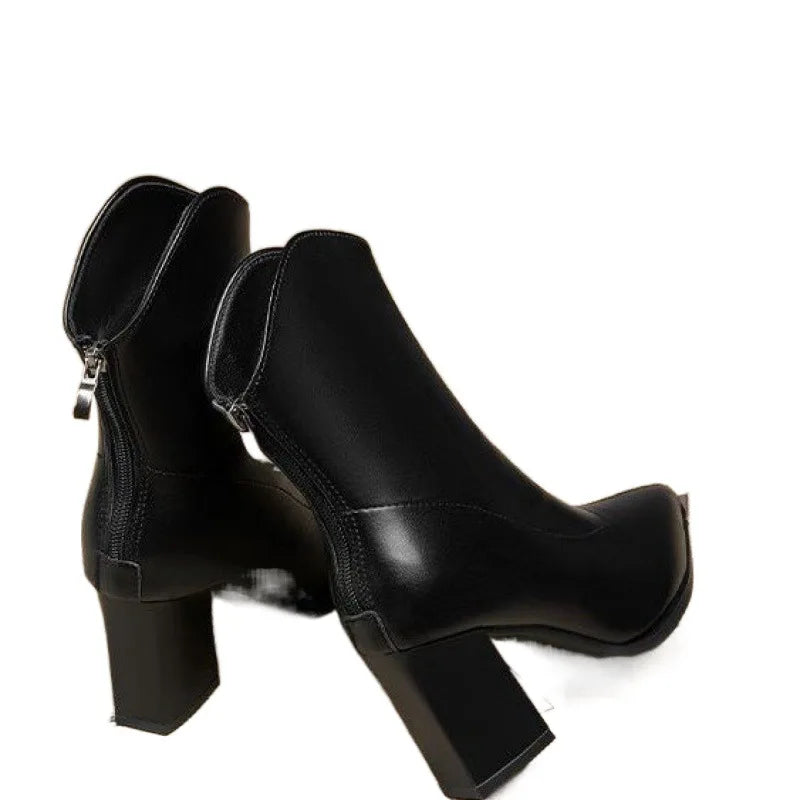 Metallic Pointed-Toe Block Heel Ankle Boots