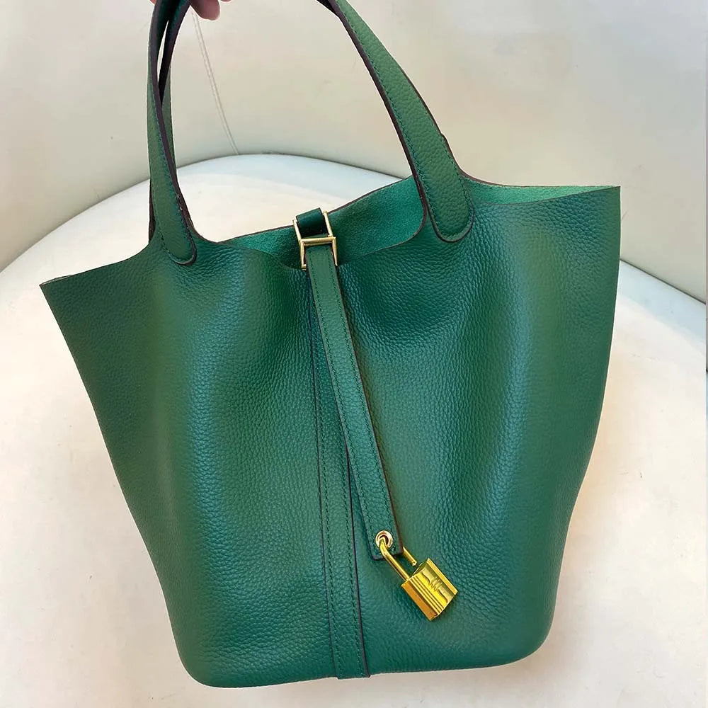 Gold genuine leather bucket bag for women - Large luxury designer tote