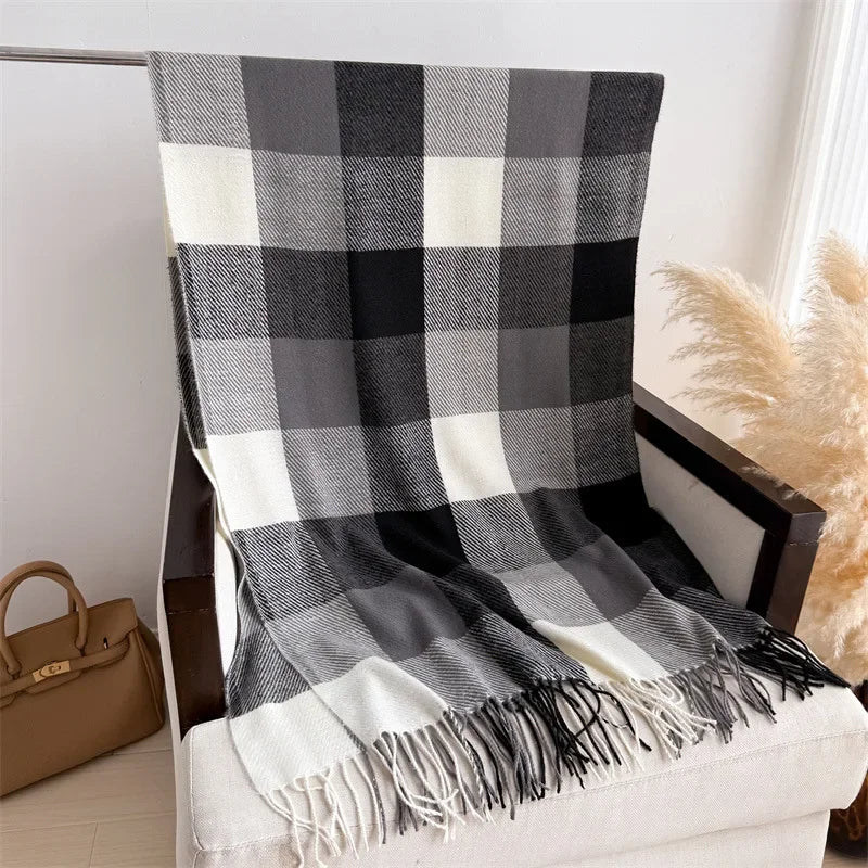 Large Check Scarf with Fringes