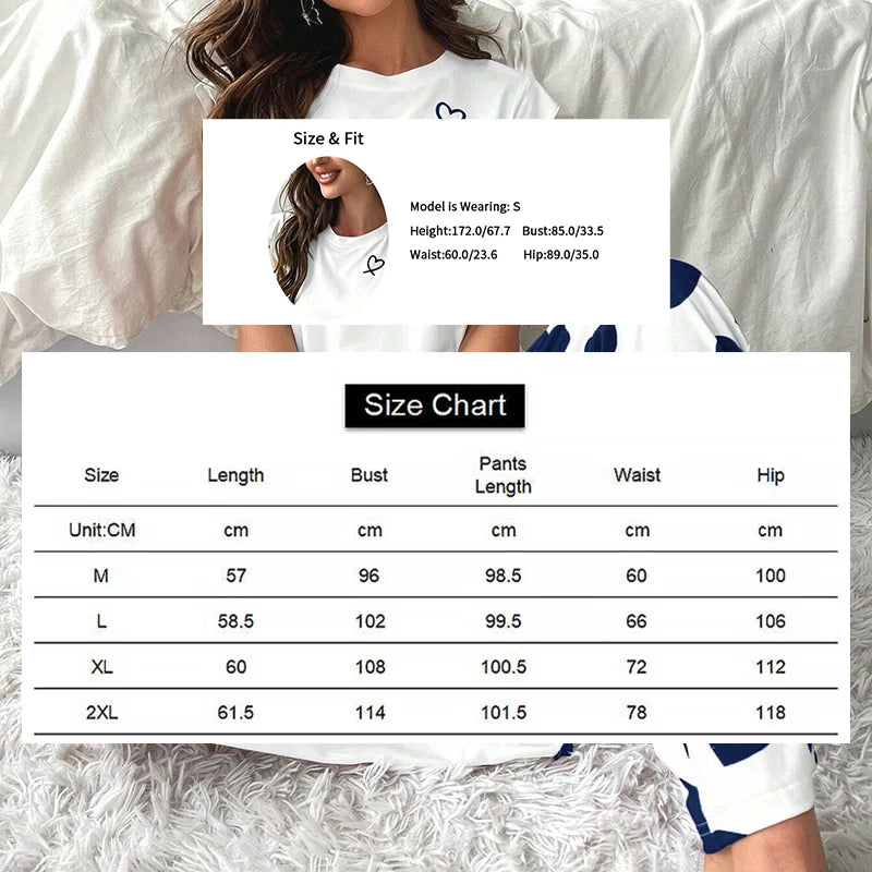 Women's 2-Piece Pajama Set – Heart & Letter Print, Short-Sleeve Top & Long Pants