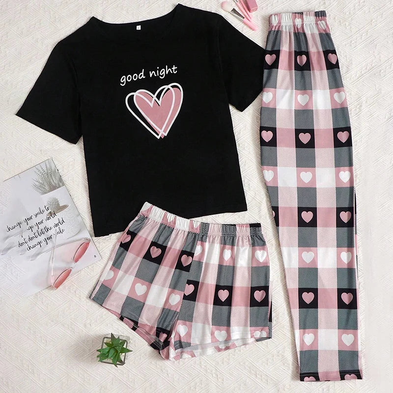 Ensemble Pyjama Femme 3 Pièces – Haut Col Rond Manches Courtes, Short & Pantalon, Imprimé Décontracté