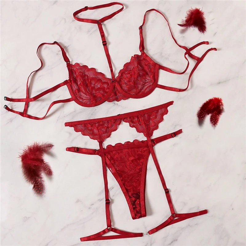 Ensemble Lingerie Sexy – Soutien-Gorge Transparent, Porte-Jarretelles Dentelle & Col V Licou
