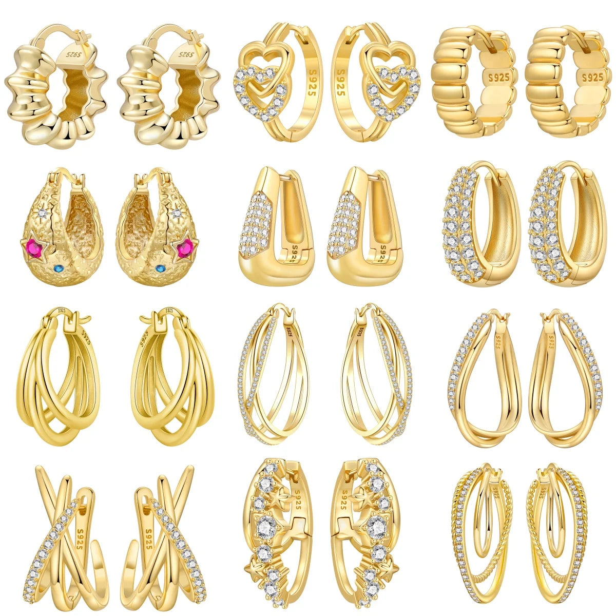 18K Gold Plated 925 Sterling Silver Hoop Earrings – Zircon, Multiple Styles