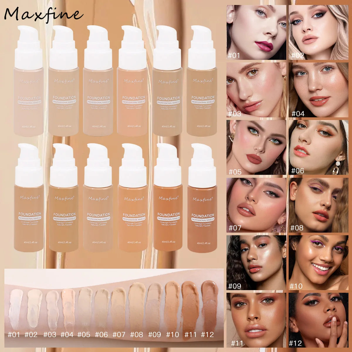 Liquid Cream Foundation – Moisturizing, Full Coverage, Waterproof, Long-Wear, 12 Shades