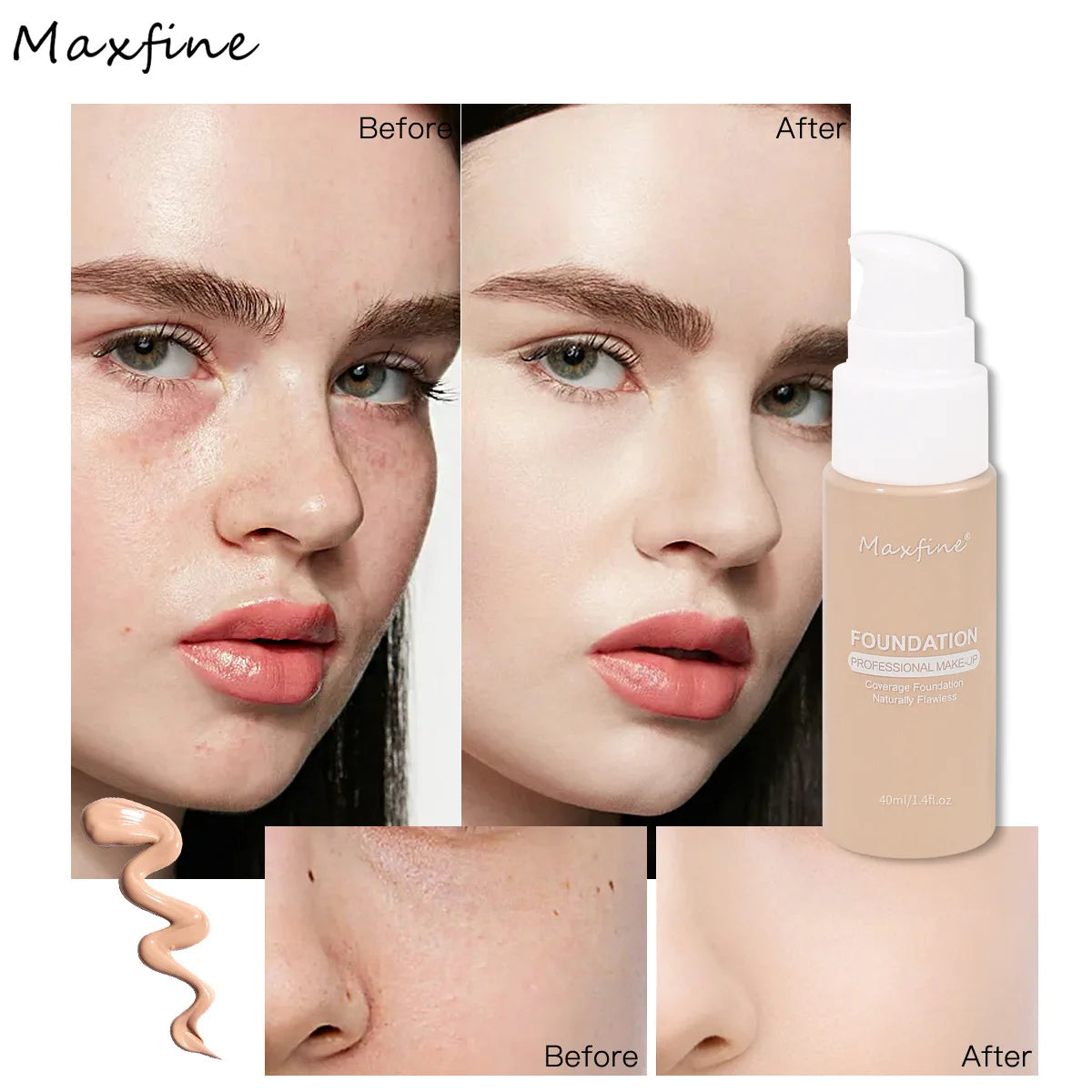 Liquid Cream Foundation – Moisturizing, Full Coverage, Waterproof, Long-Wear, 12 Shades