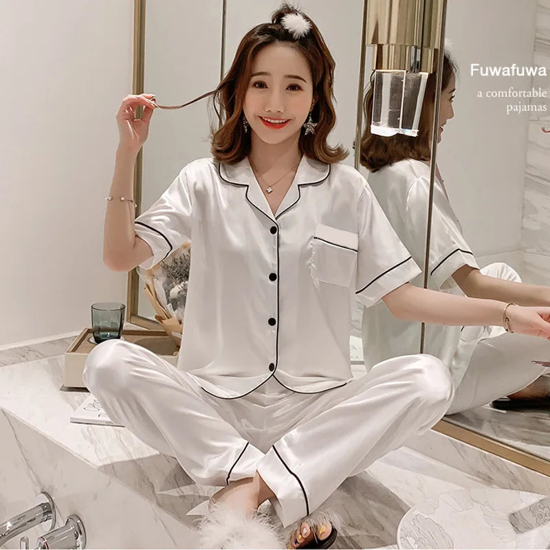 Ensemble Pyjama Femme Satiné – Haut Boutonné & Pantalon, Grande Taille