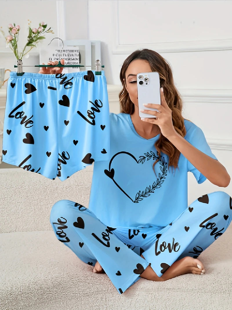Ensemble Pyjama Femme 3 Pièces – Haut Col Rond Manches Courtes, Short & Pantalon, Imprimé Décontracté
