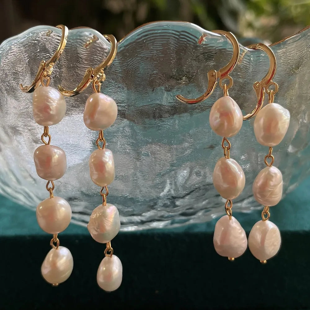 Boucles d'Oreilles Pendantes Perle Baroque Naturelle – Acier Inoxydable Plaqué Or, Longues Franges, Style Coréen