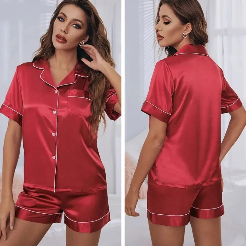 Ensemble Pyjama Long Femme – Haut Col V Manches, Tissu Satiné Doux