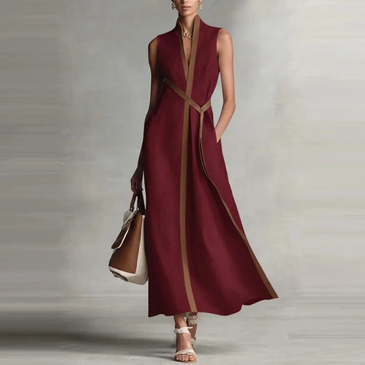 Robe Maxi Femme – Col V, Laçage Taille, Drapé Bicolore, Sans Manches