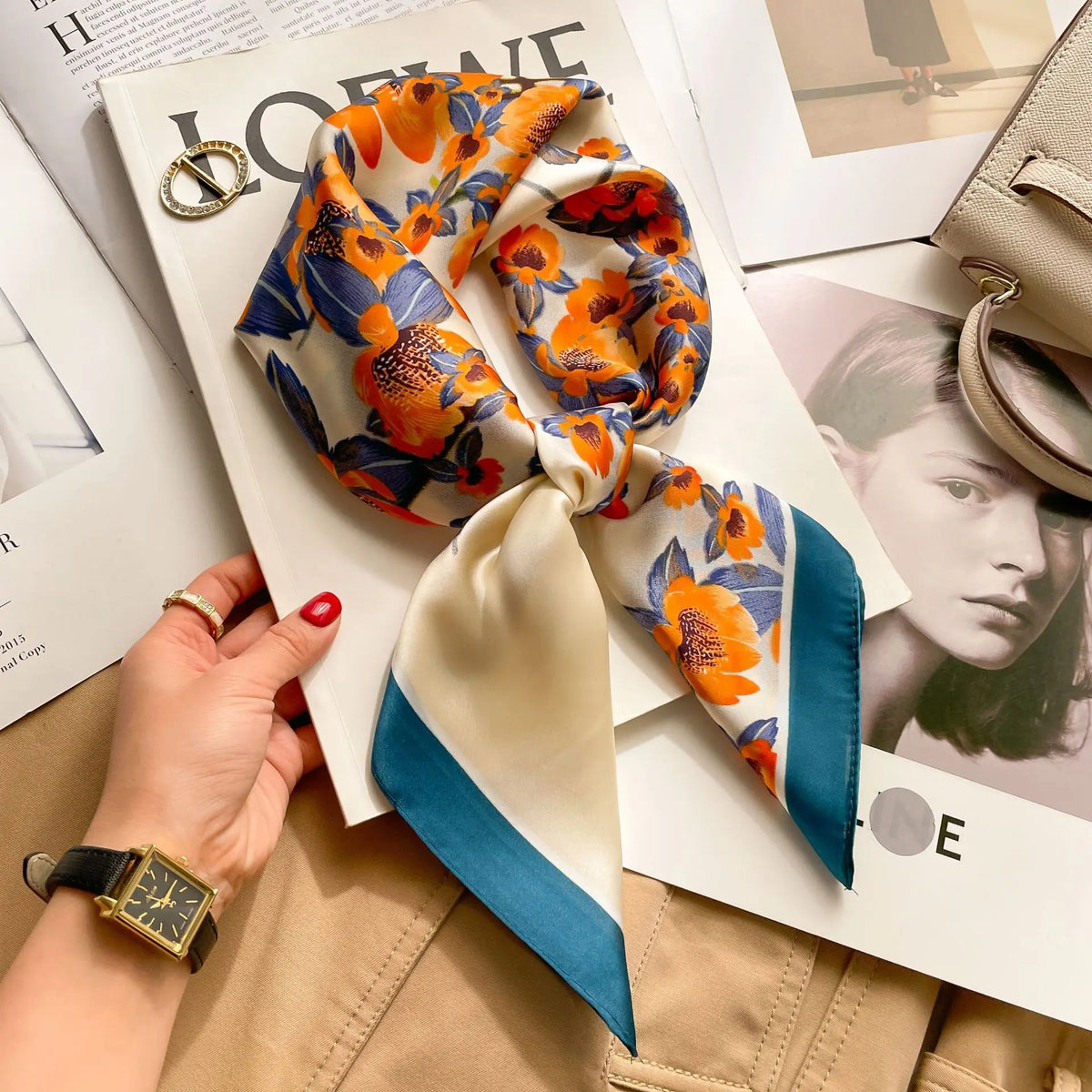 Printed satin square scarf – 70 × 70 cm
