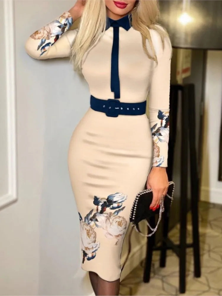 Fitted Printed Midi Dress with Belt and Structured Collar